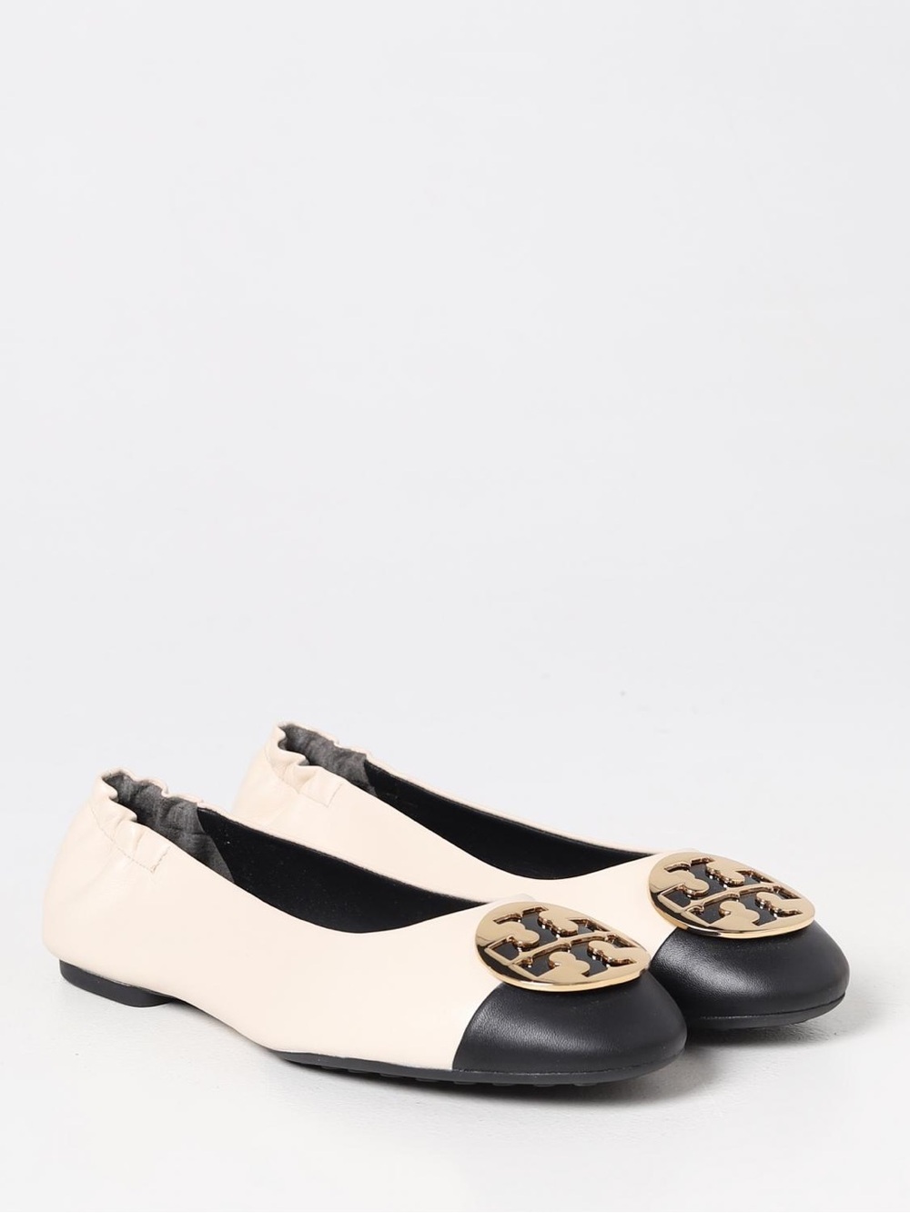 Tory Burch Style Two-Tone Leather Ballet Flats in Cream and Black
